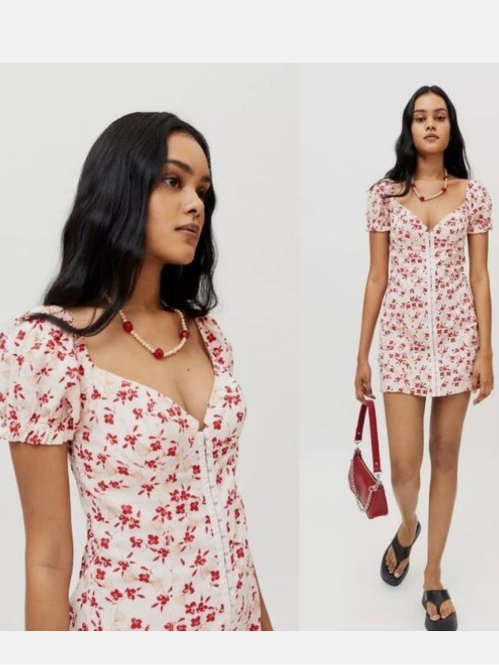 Urban Outfitters Red and White Floral Hook and Eye Front Mini Dress